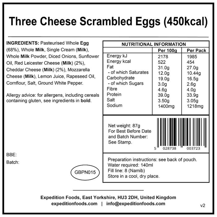 nutrition information of three cheese scrambled eggs 450kcal expedition foods