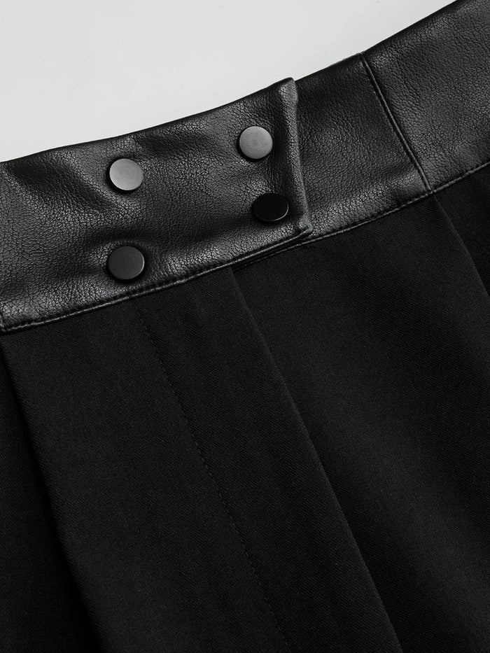 Faux Leather-Trim Wide-Leg Pants