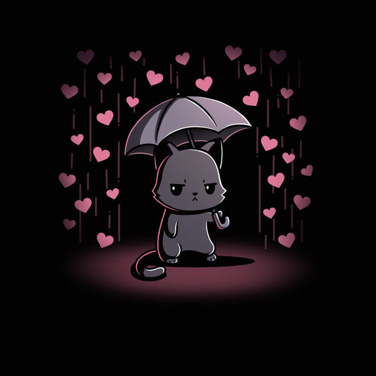 Premium Cotton T-shirt_TeeTurtle black Feeling Forecast Nope Premium Cotton T-shirt featuring a cat frowning and holding an umbrella, in the background there is pink rain with hearts.