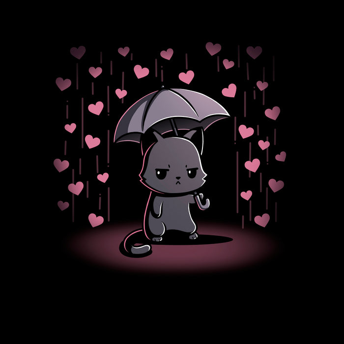 Long Sleeve T-shirt_TeeTurtle black Feeling Forecast Nope Long Sleeve T-shirt featuring a cat frowning and holding an umbrella, in the background there is pink rain with hearts.