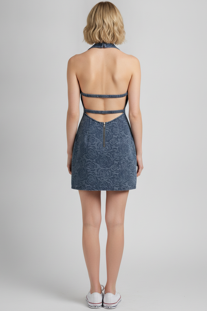 Floral Jacquard Denim Open Back Halter Mini Dress