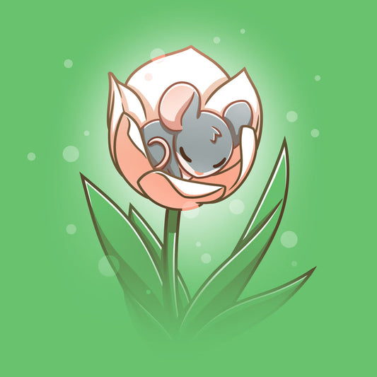 Premium Cotton T-shirt_TeeTurtle Flower Bed Illustration of a small, gray mouse sleeping inside a pink flower blossom against an apple green background with light bubbles