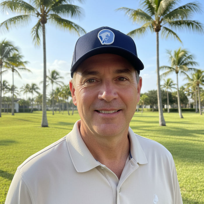 man wearing gdf navy hat outside