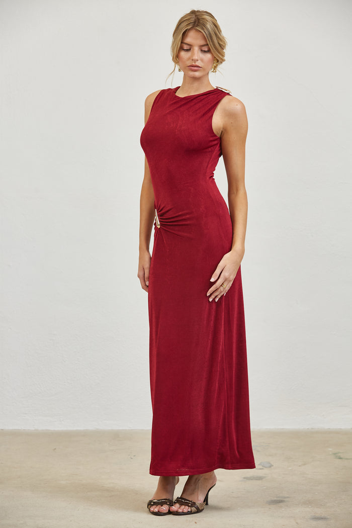 Gold Accent Ruched Slinky Maxi Dress - WINE
