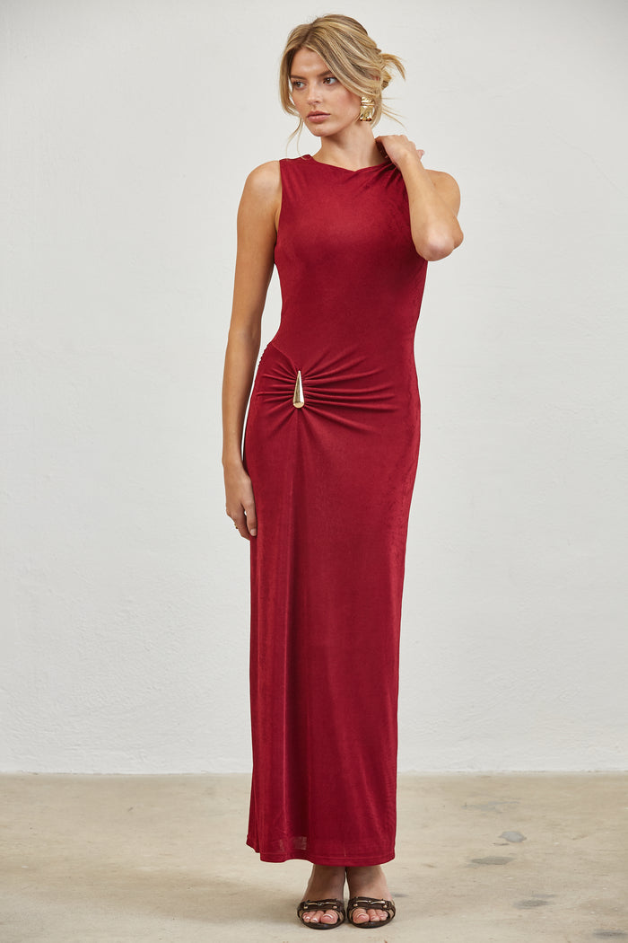 Gold Accent Ruched Slinky Maxi Dress - WINE