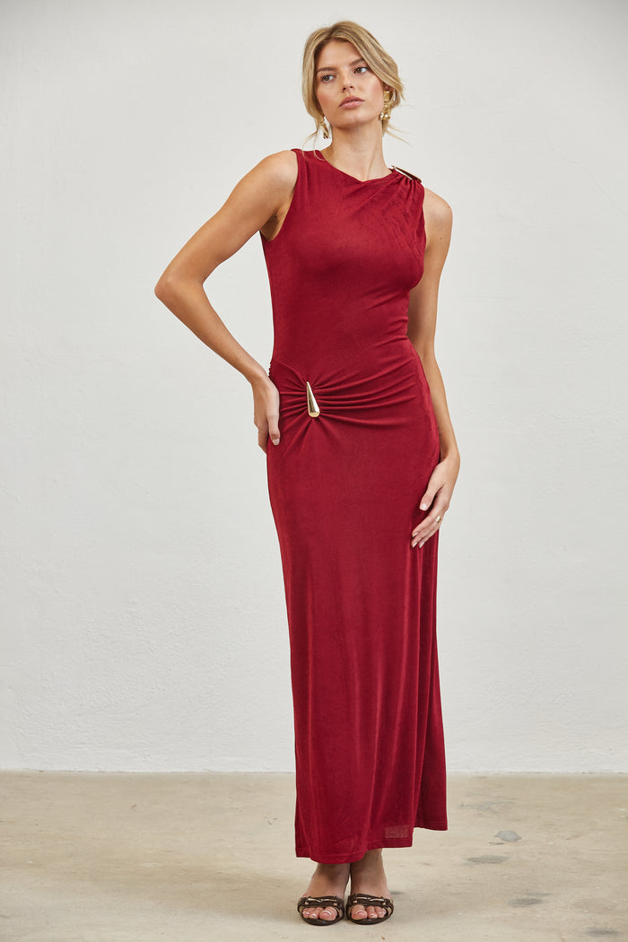 Gold Accent Ruched Slinky Maxi Dress - WINE