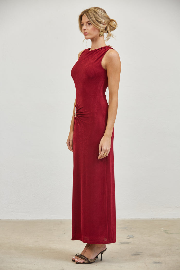 Gold Accent Ruched Slinky Maxi Dress - WINE
