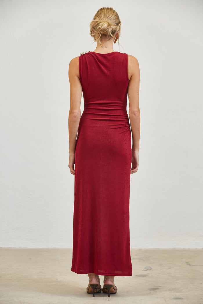 Gold Accent Ruched Slinky Maxi Dress - WINE