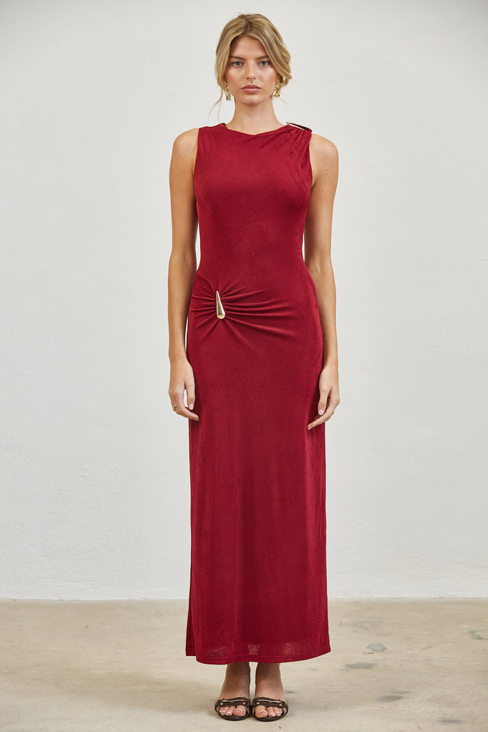 Gold Accent Ruched Slinky Maxi Dress - WINE