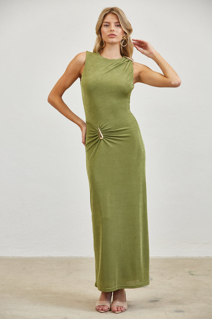 Gold Accent Ruched Slinky Maxi Dress
