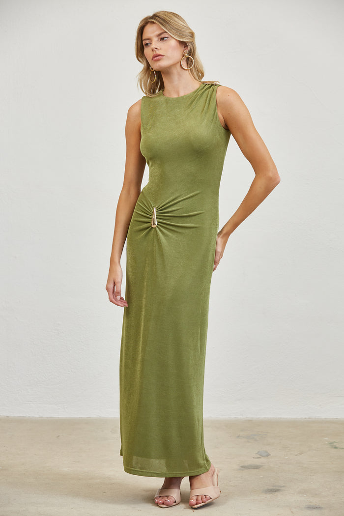 Gold Accent Ruched Slinky Maxi Dress