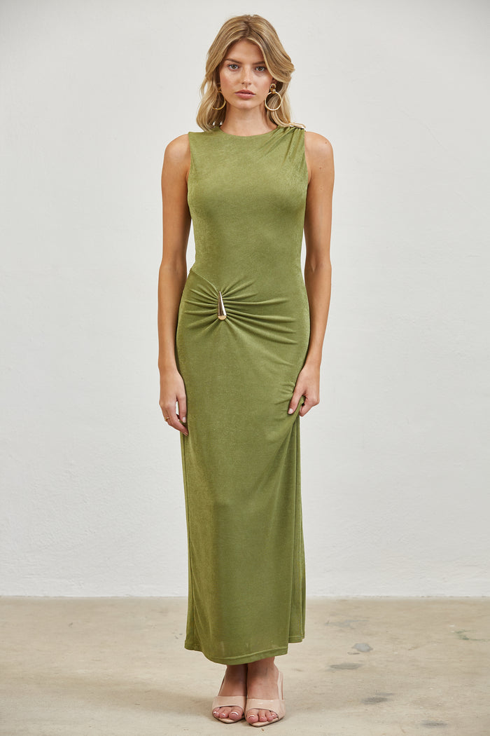 Gold Accent Ruched Slinky Maxi Dress