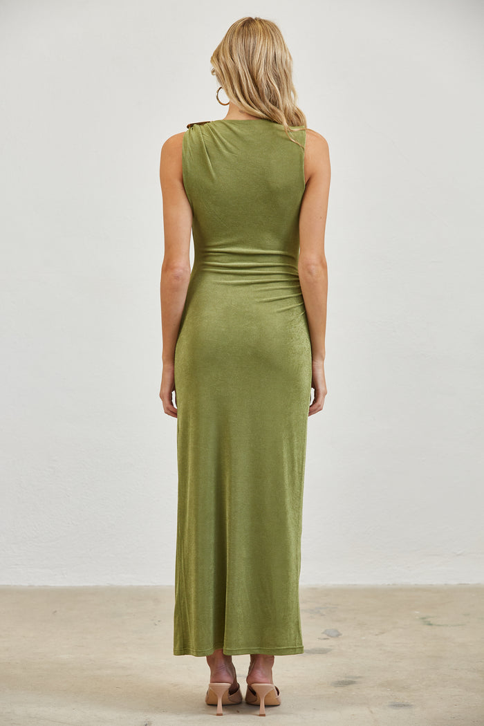 Gold Accent Ruched Slinky Maxi Dress