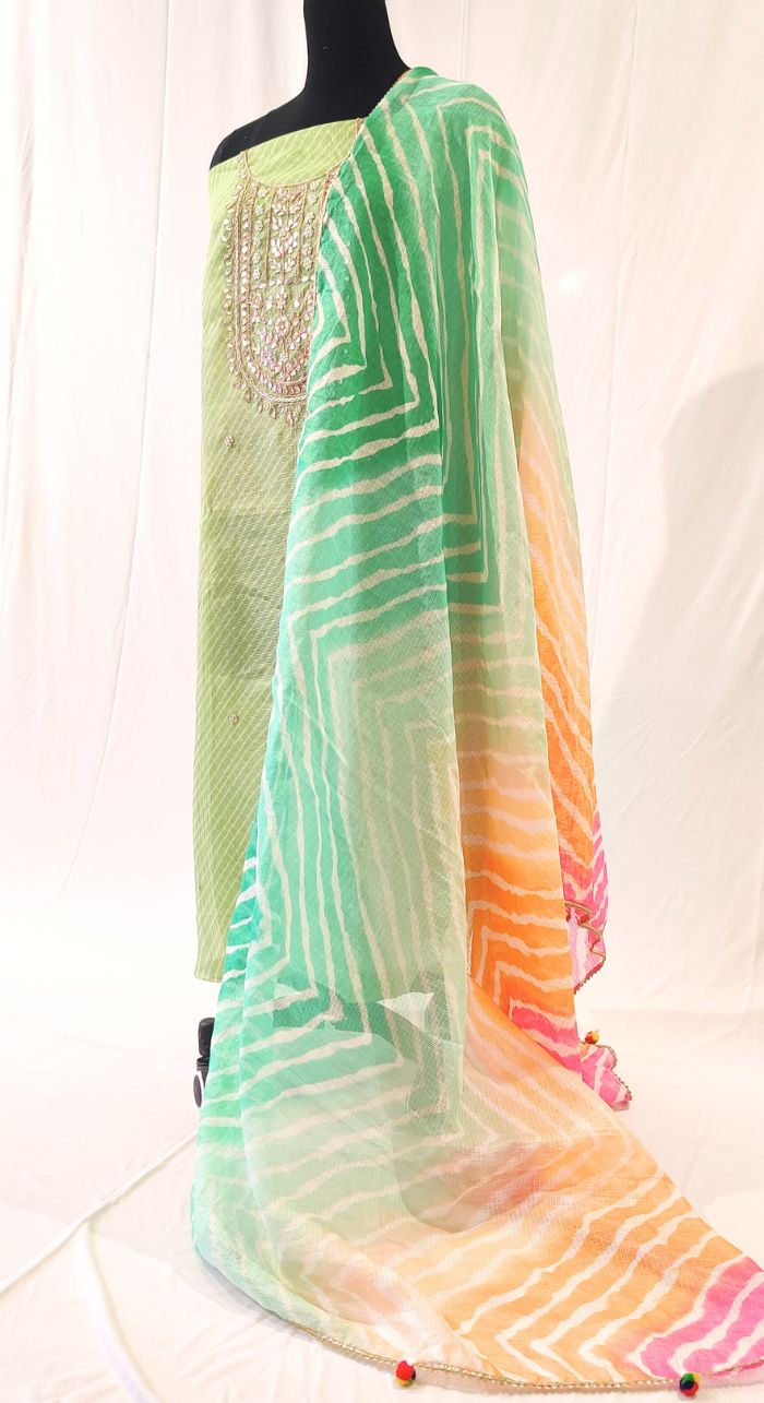 Green Leheriya Hand Work Unstiched Suit