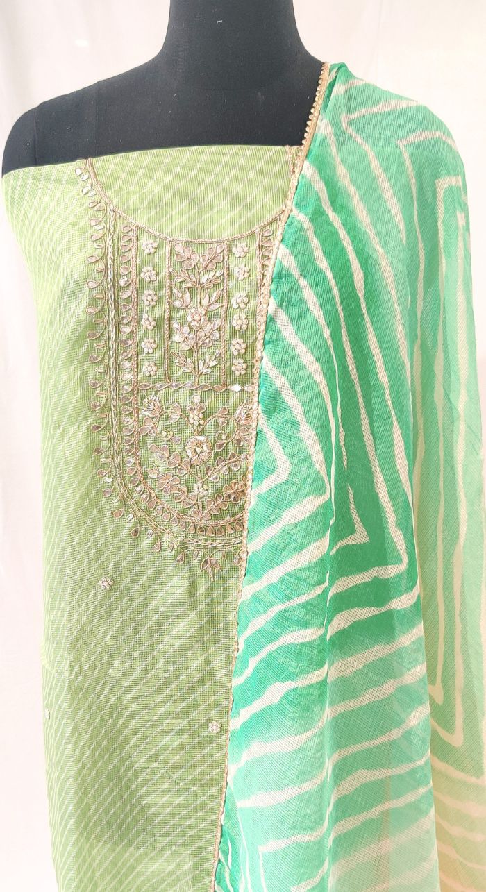 Green Leheriya Hand Work Unstiched Suit
