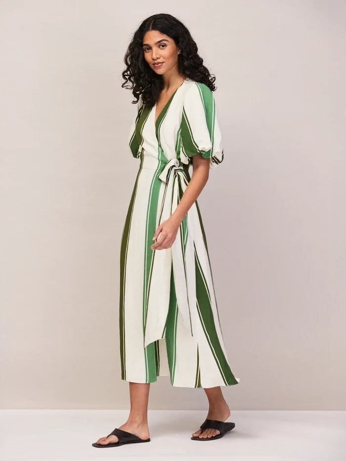 Green Stripe Linen Wrap Dress Linen Resort Holiday