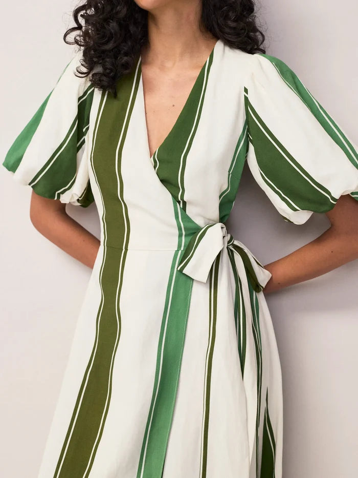 Green Stripe Linen Wrap Dress Linen Resort Holiday