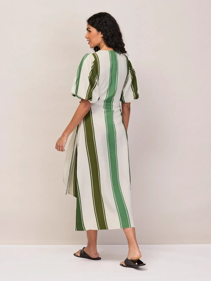 Green Stripe Linen Wrap Dress Linen Resort Holiday