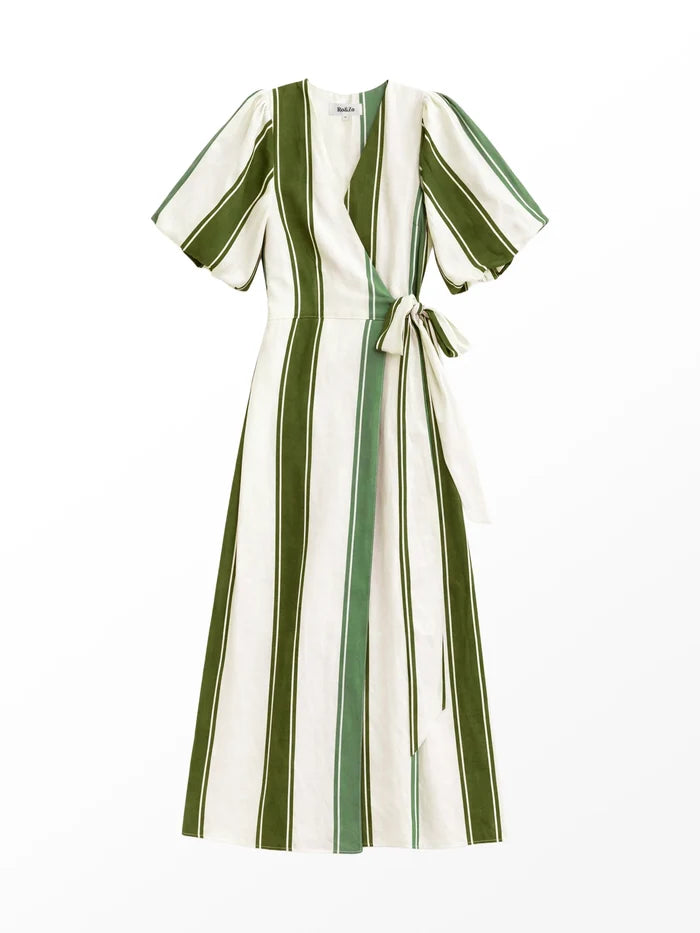 Green Stripe Linen Wrap Dress Linen Resort Holiday