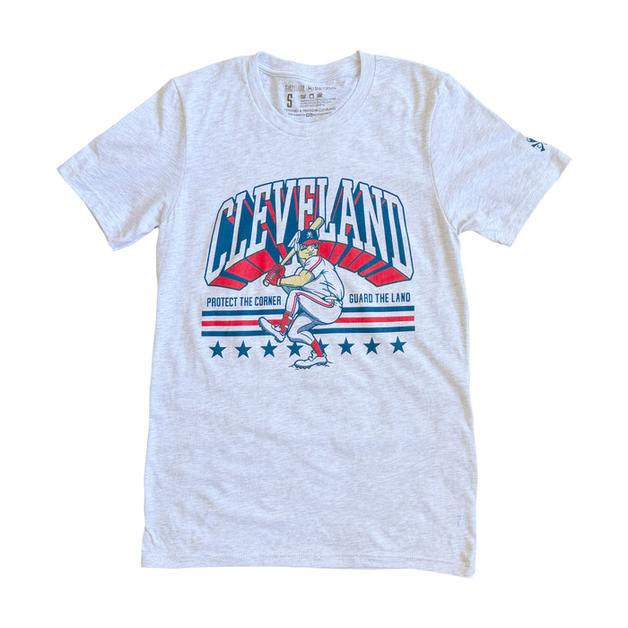 White t-shirt with Cleveland graphic design on a white background