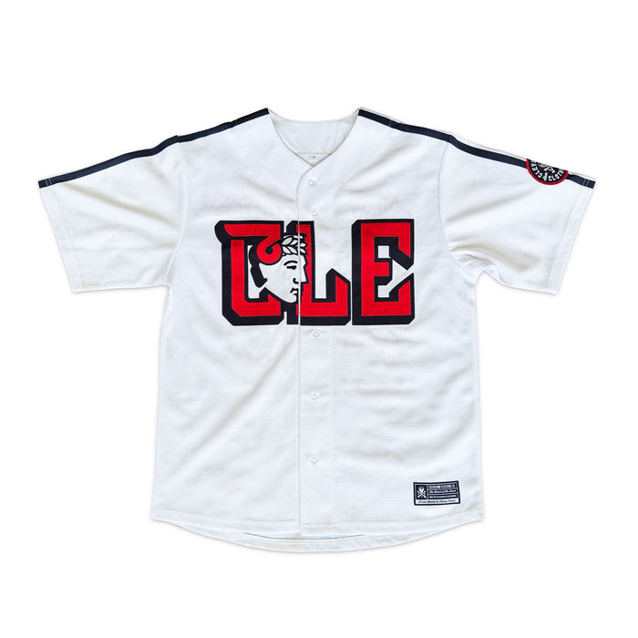 Guardian CLE baseball jersey featuring Cleveland-inspired graphics and classic button-up baseball jersey styling