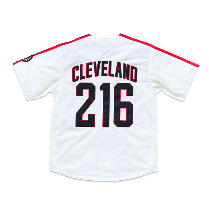 White baseball jersey with 'Cleveland' and number '216' on a white background