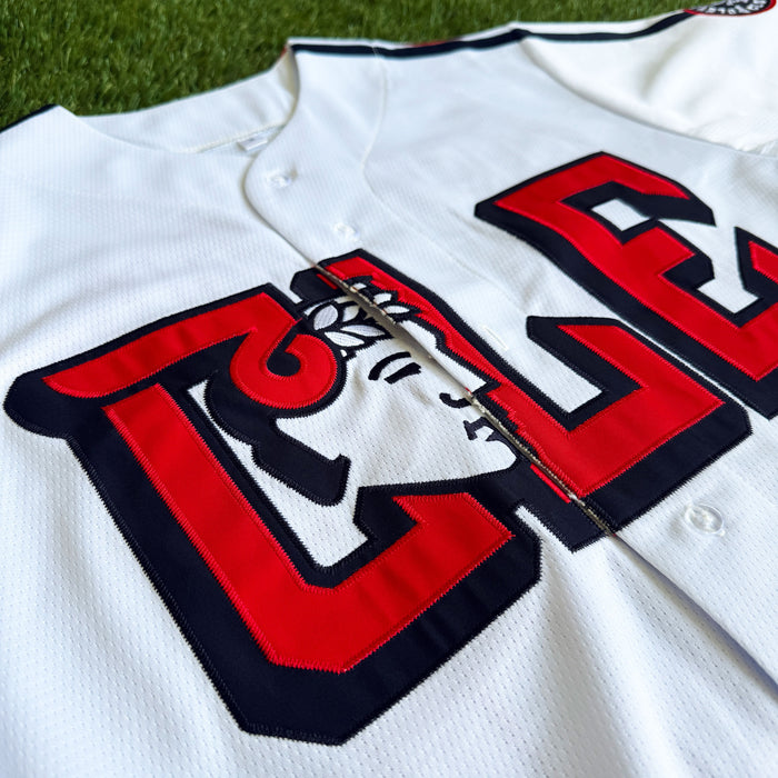 Baseball jersey with red and black logo on a grass background