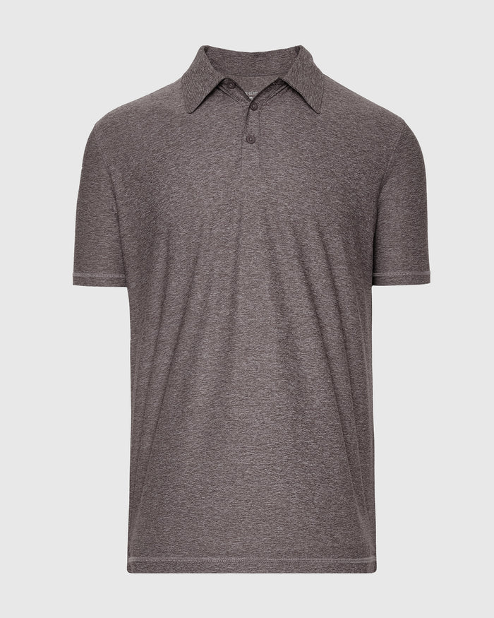 Heather Cocoa Active Polo 2.0, gray-brown, short-sleeve, classic collar, three-button placket.