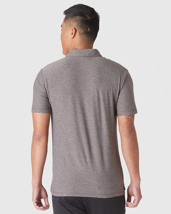 Heather Cocoa Active Polo 2.0 from back, showcasing its classic fit.