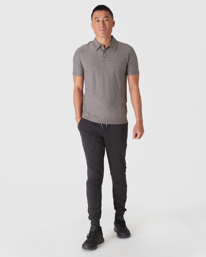 Heather Cocoa Active Polo 2.0 with jogger pants and sneakers.