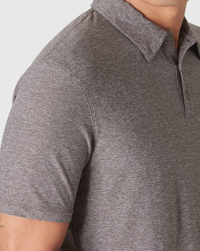 Heather Cocoa Active Polo 2.0 with collar, button placket, fine knit texture.
