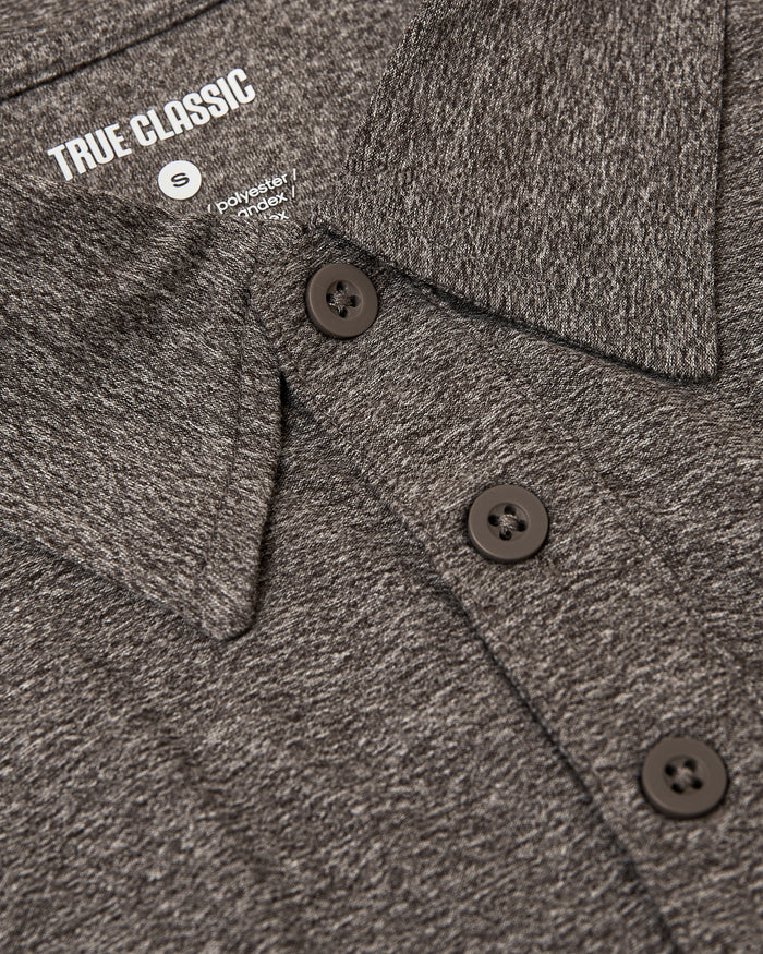 Heather Cocoa Active Polo 2.0 with collar, label, and three-button placket.