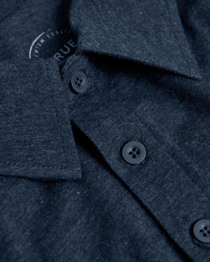 Heather Navy Short Sleeve Tall Polo collar and buttons detailed view.