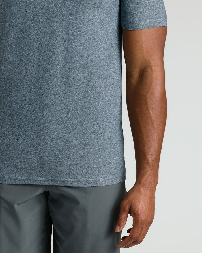 Heather Navy Tall Active Crew Neck 2.0 on person in charcoal shorts.