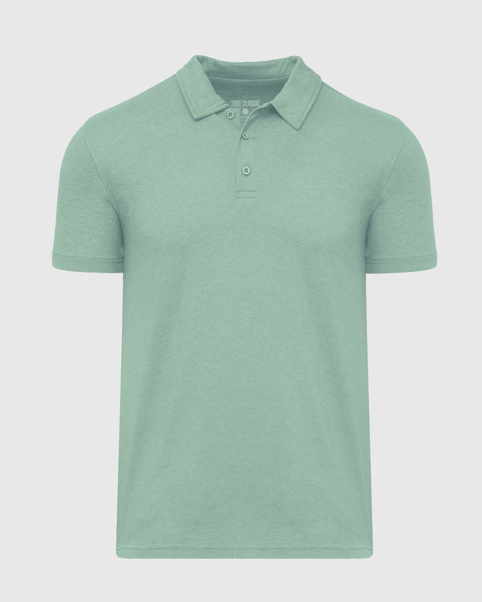 Heather Slate Green Classic Polo with folded collar and three-button placket.