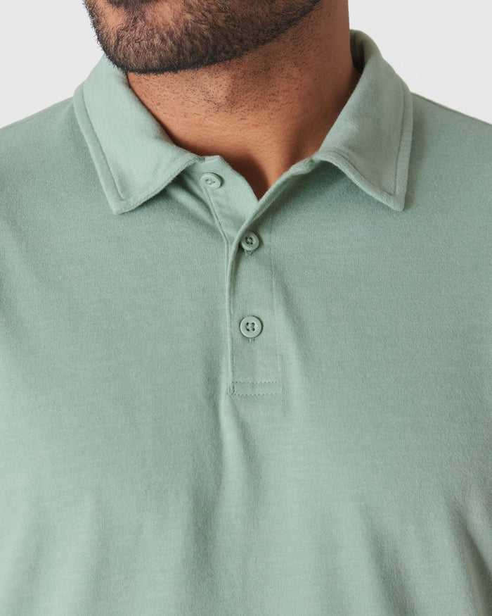 Heather Slate Green Classic Polo with folded collar and three-button placket.