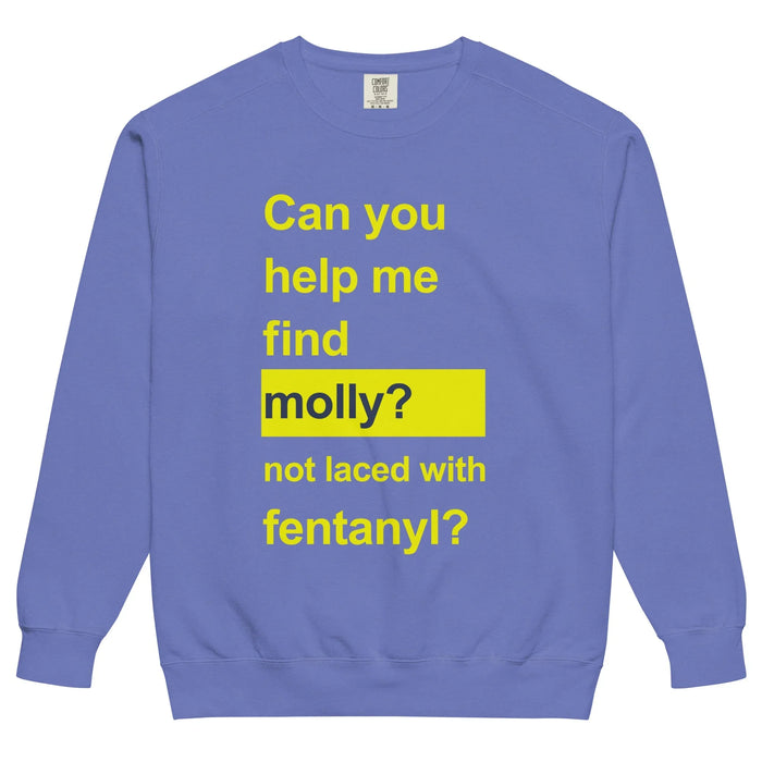 Help Me Find Molly Sweatshirt in Midnight Electric Navy. OEKO-TEX® 100, Eco-Certified Inks, Made-to-Order (Zero Overproduction).