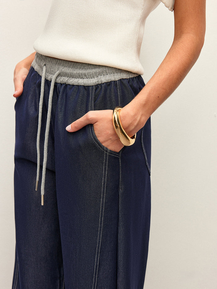 High-Waist Drawstring Denim Pants With Pockets