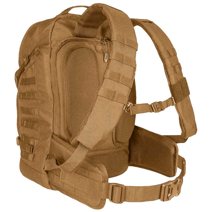 padded shoulder straps on coyote tan 45l highlander harrier full clamshell pack