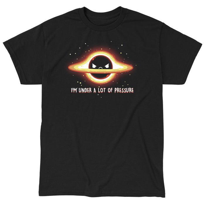 Classic Cotton T-shirt_Teeturtle I'm Under a Lot of Pressure black t-shirt featuring a planet with rings, depicting an angry expression. There are surrounding stars and text that reads: "I'M UNDER A LOT OF PRESSURE."