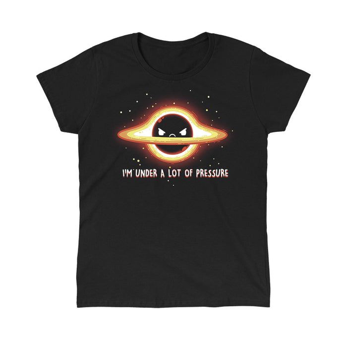 Classic Cotton T-shirt_Teeturtle I'm Under a Lot of Pressure black t-shirt featuring a planet with rings, depicting an angry expression. There are surrounding stars and text that reads: "I'M UNDER A LOT OF PRESSURE."