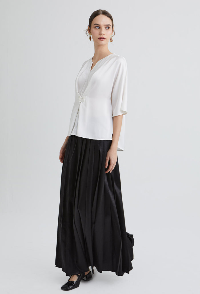 Inverted Pleated Triple Button Oriental Blouse