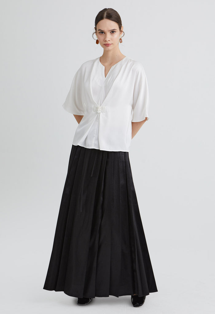 Inverted Pleated Triple Button Oriental Blouse