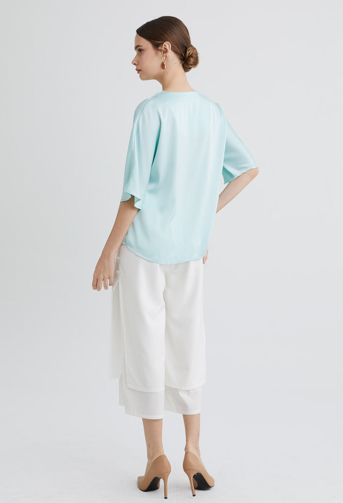 Inverted Pleated Triple Button Oriental Blouse