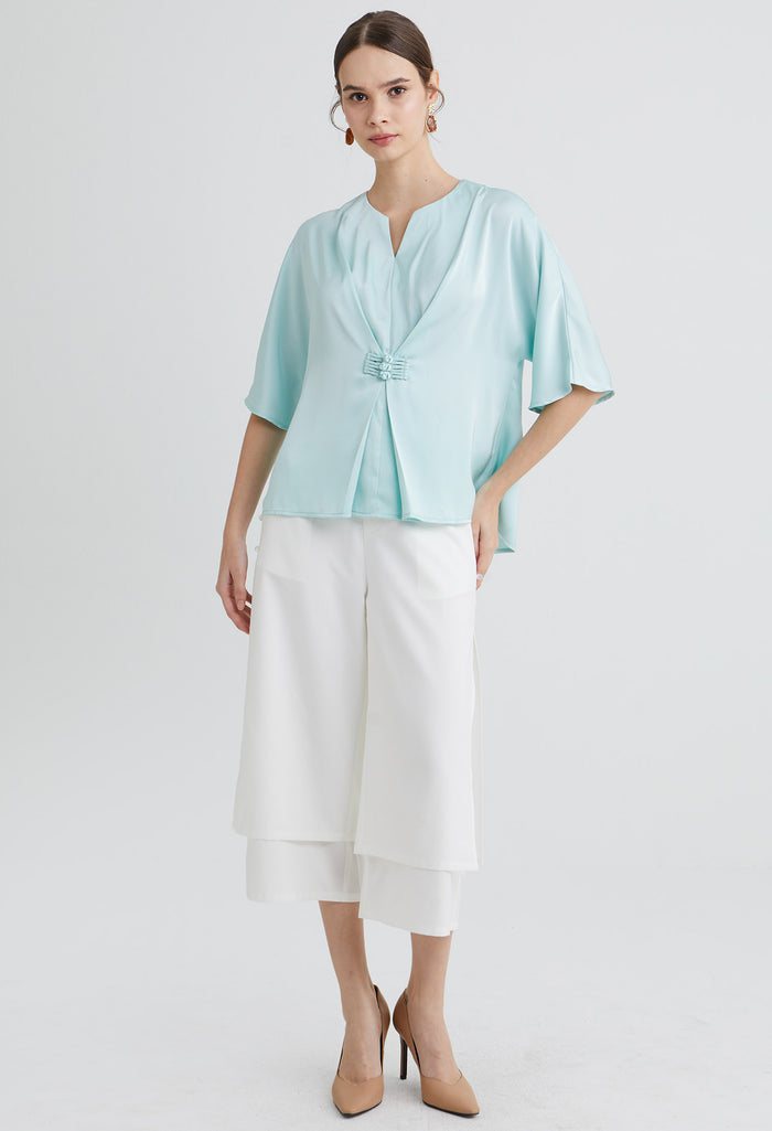 Inverted Pleated Triple Button Oriental Blouse