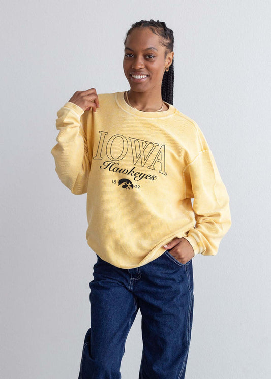 Iowa Hawkeyes Unisex Gold Oversized Premium cotton corded fleece Sweatshirt with Super soft hand feel, vintage wash and ribbed crew neckline, cuffs, and hemline