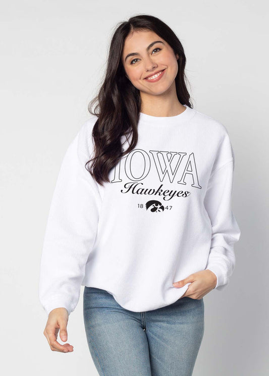 Iowa Hawkeyes Unisex White Oversized Premium cotton corded fleece Sweatshirt with Super soft hand feel, vintage wash and ribbed crew neckline, cuffs, and hemline