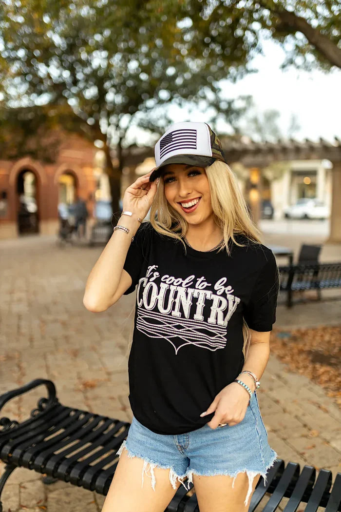 Woman in It's cool to be Country tee, 1800x1800