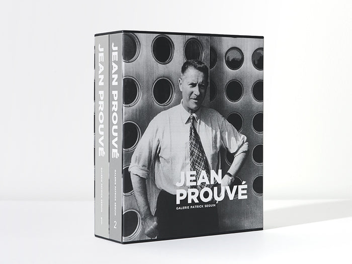 Slipcased book with black and white photograph of Jean Prouve on the cover, titled 'Jean Prouve' with additional text and design elements.