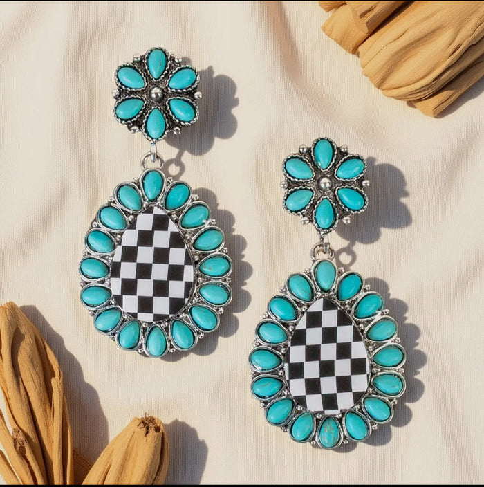 Jewelry - Checkered Drop Earrings, Turquoise